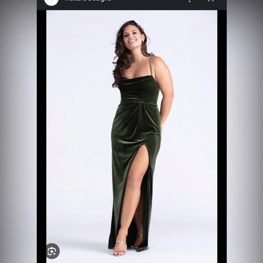 Watters Lizzie Bridesmaid Dress - Velvet Gown Asymmetrical Slit - Olive